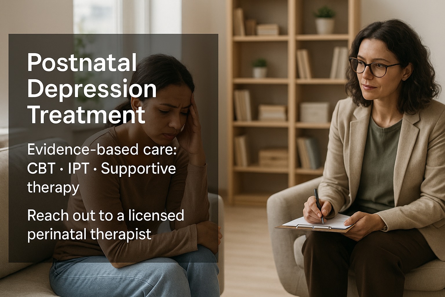 New parent talking with a therapist—postpartum depression counseling session